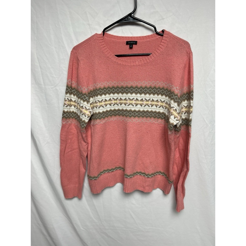 Talbots Merino Wool Blend Nordic Fair Isle Pink Sweater Cabin Crew Neck Womens M